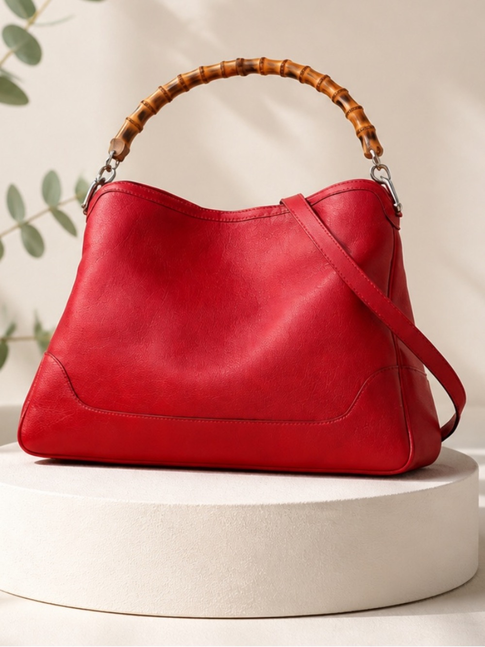 Gucci Red Leather Shoulder Bag with Bamboo Handle.